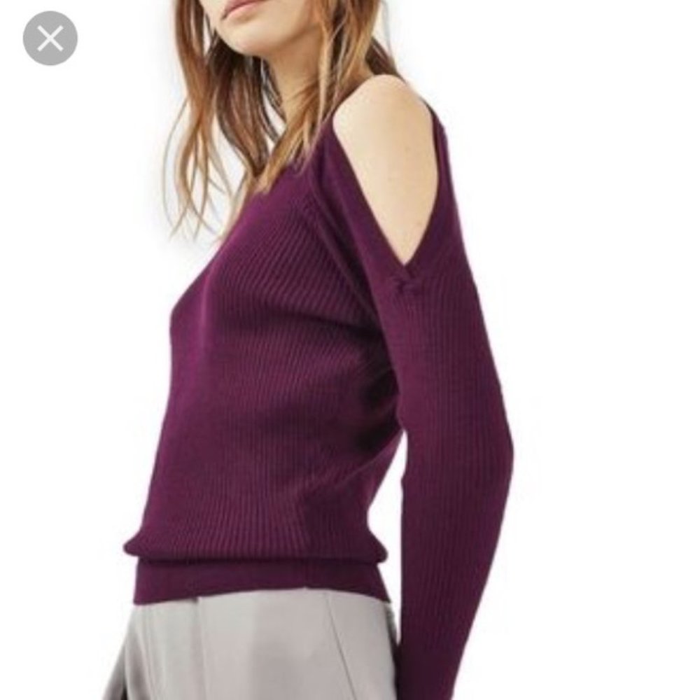 Ribbed Knit EXPOSED SHOULDERS Sweater 4 Wine Color